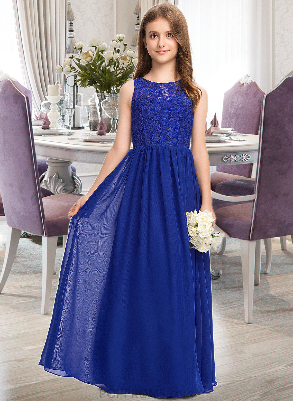 Haven A-Line Scoop Neck Floor-Length Chiffon Lace Junior Bridesmaid Dress PP6P0013469