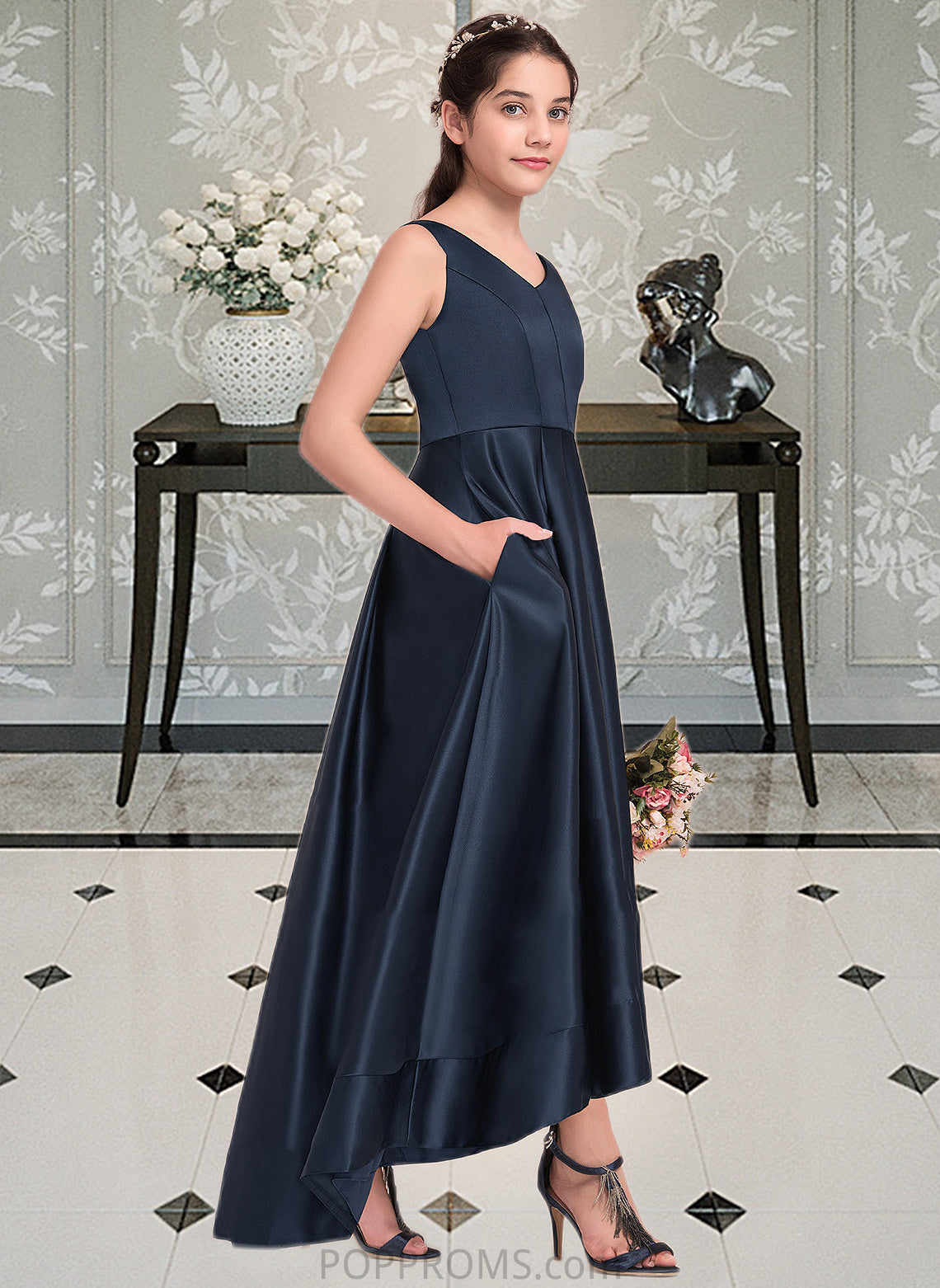 Hailey A-Line V-neck Asymmetrical Satin Junior Bridesmaid Dress PP6P0013471