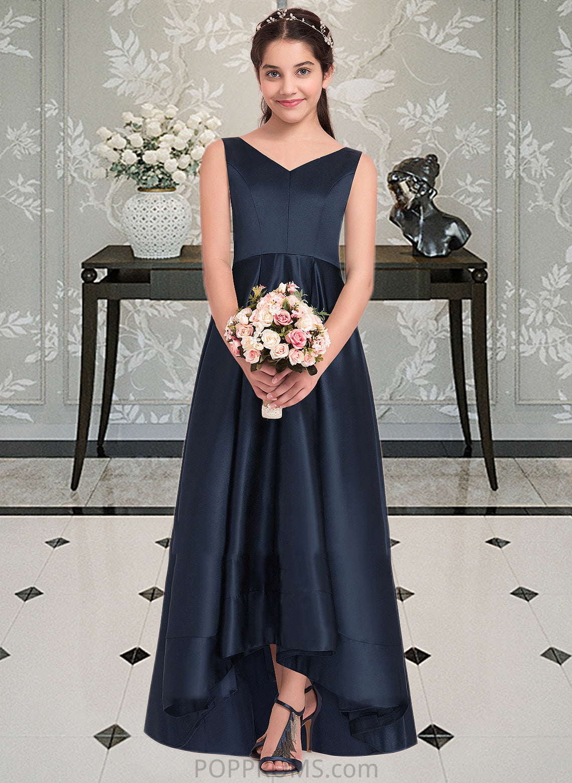 Hailey A-Line V-neck Asymmetrical Satin Junior Bridesmaid Dress PP6P0013471