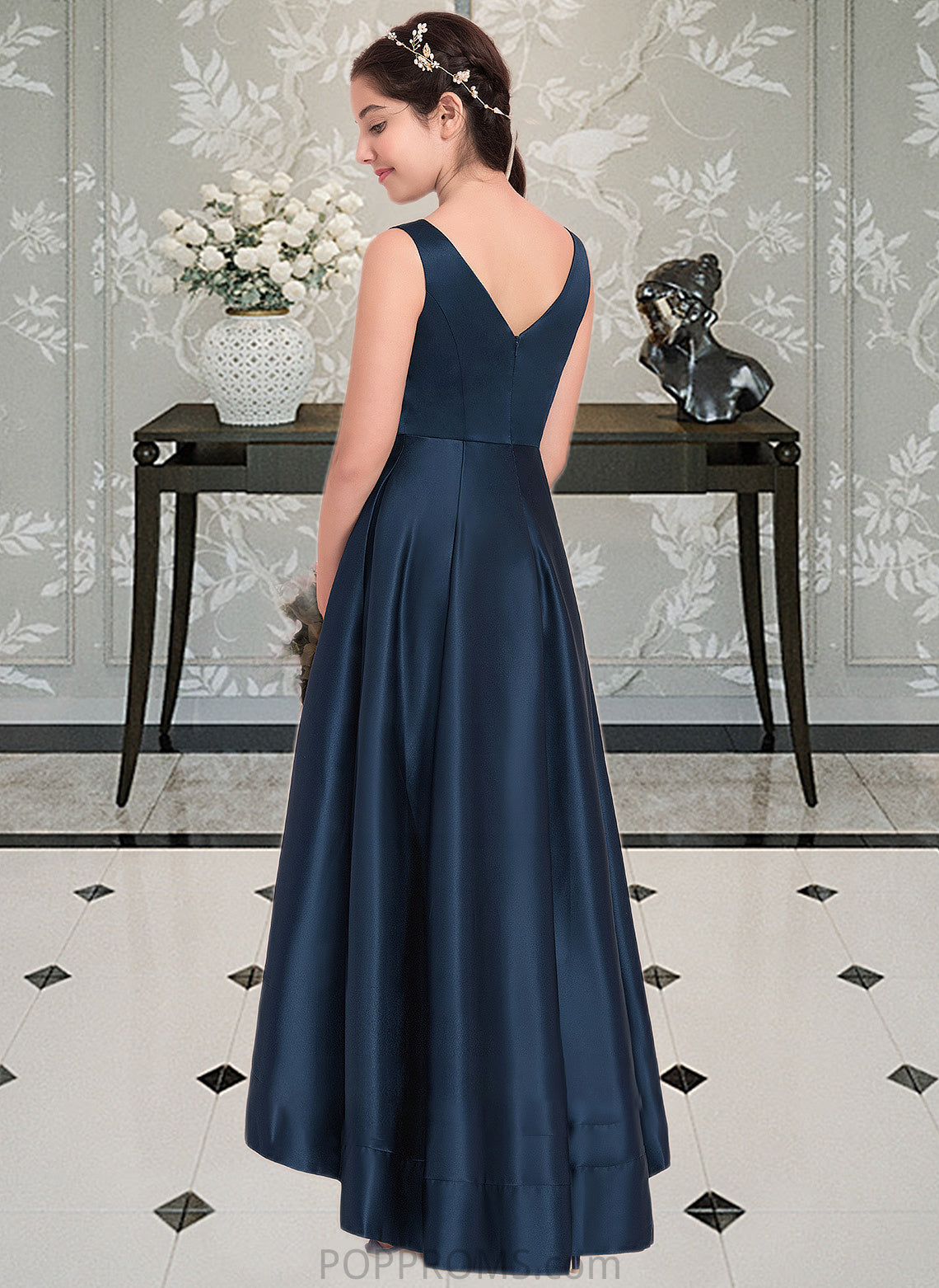 Hailey A-Line V-neck Asymmetrical Satin Junior Bridesmaid Dress PP6P0013471