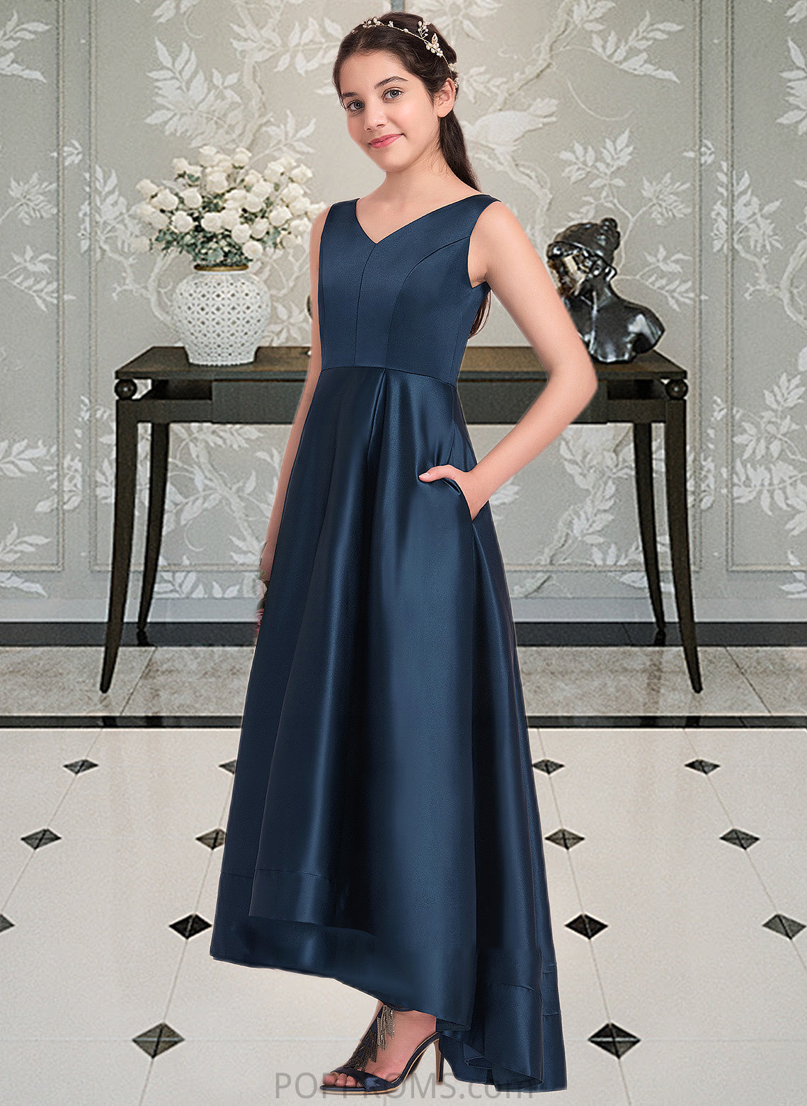 Hailey A-Line V-neck Asymmetrical Satin Junior Bridesmaid Dress PP6P0013471