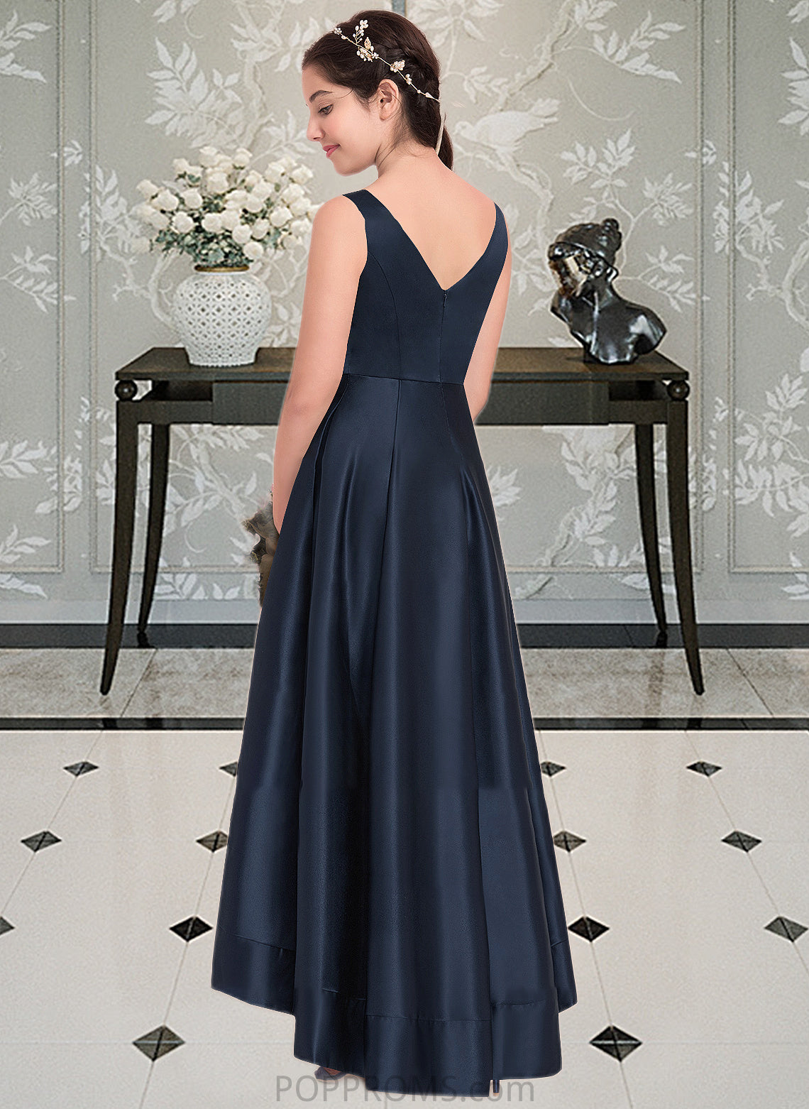 Hailey A-Line V-neck Asymmetrical Satin Junior Bridesmaid Dress PP6P0013471