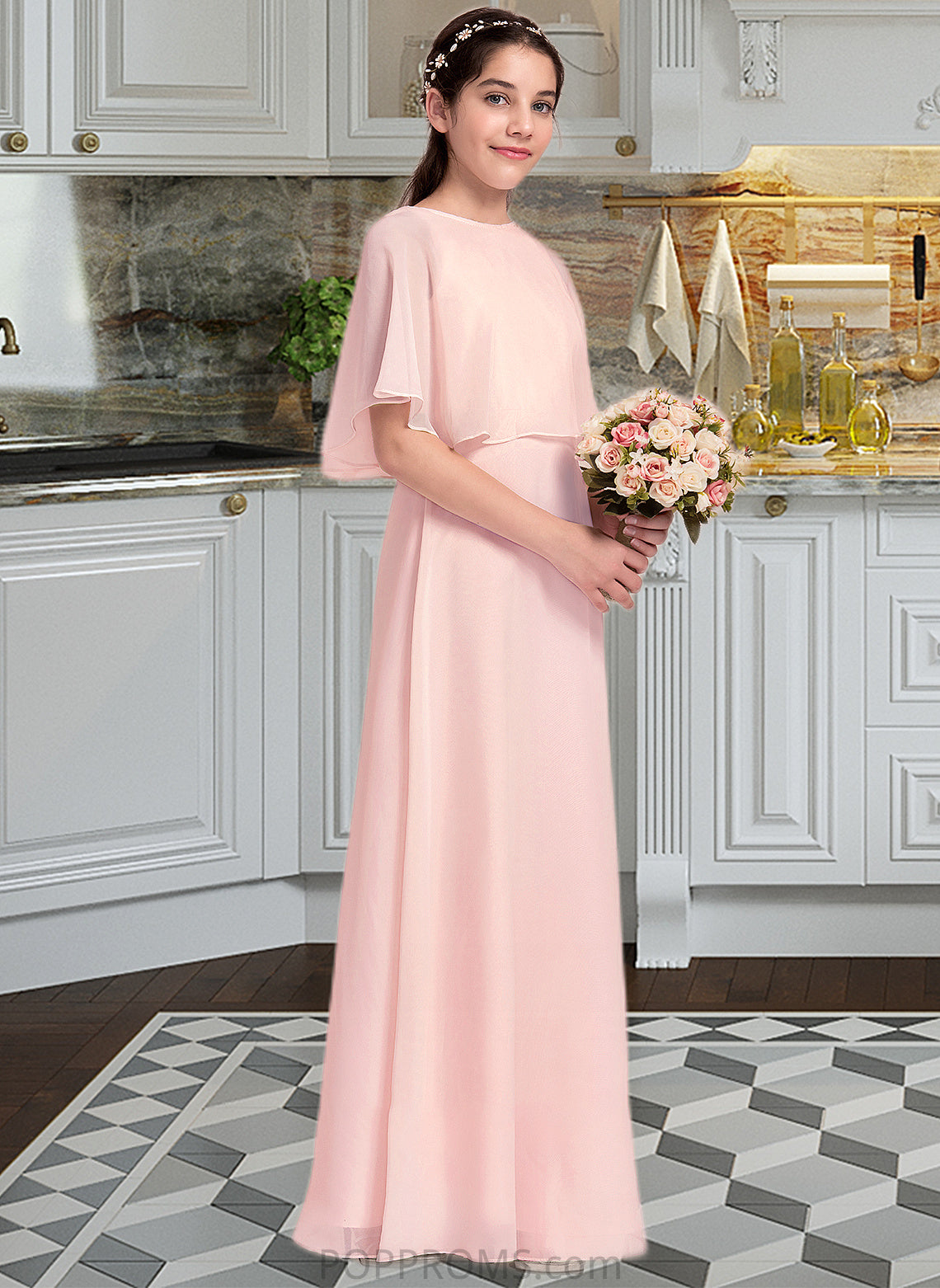 Marcia A-Line Scoop Neck Floor-Length Chiffon Junior Bridesmaid Dress PP6P0013472