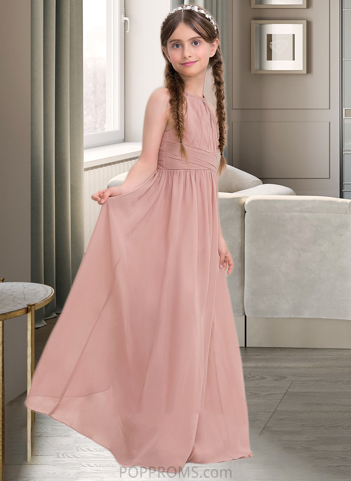 Madeleine A-Line Scoop Neck Floor-Length Chiffon Junior Bridesmaid Dress With Ruffle PP6P0013473