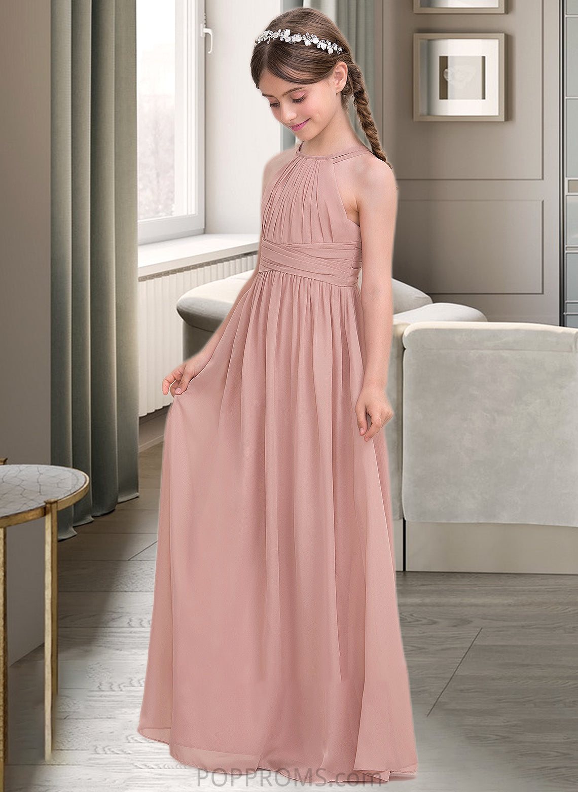 Madeleine A-Line Scoop Neck Floor-Length Chiffon Junior Bridesmaid Dress With Ruffle PP6P0013473