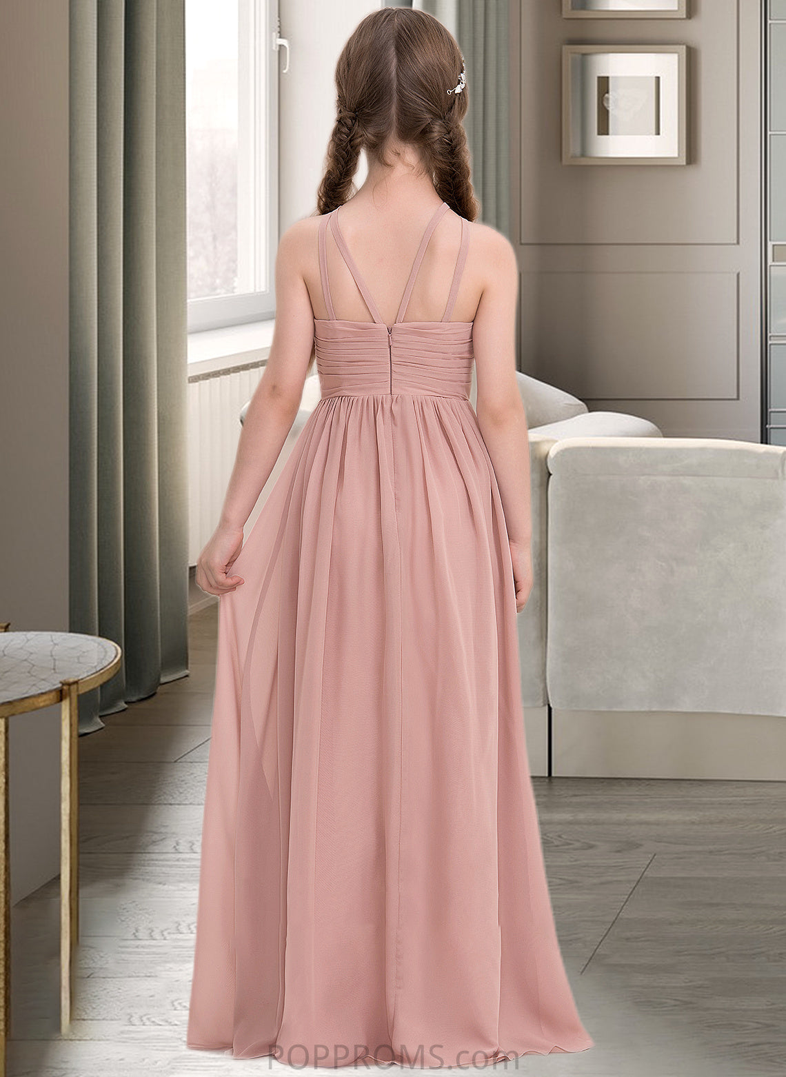 Madeleine A-Line Scoop Neck Floor-Length Chiffon Junior Bridesmaid Dress With Ruffle PP6P0013473