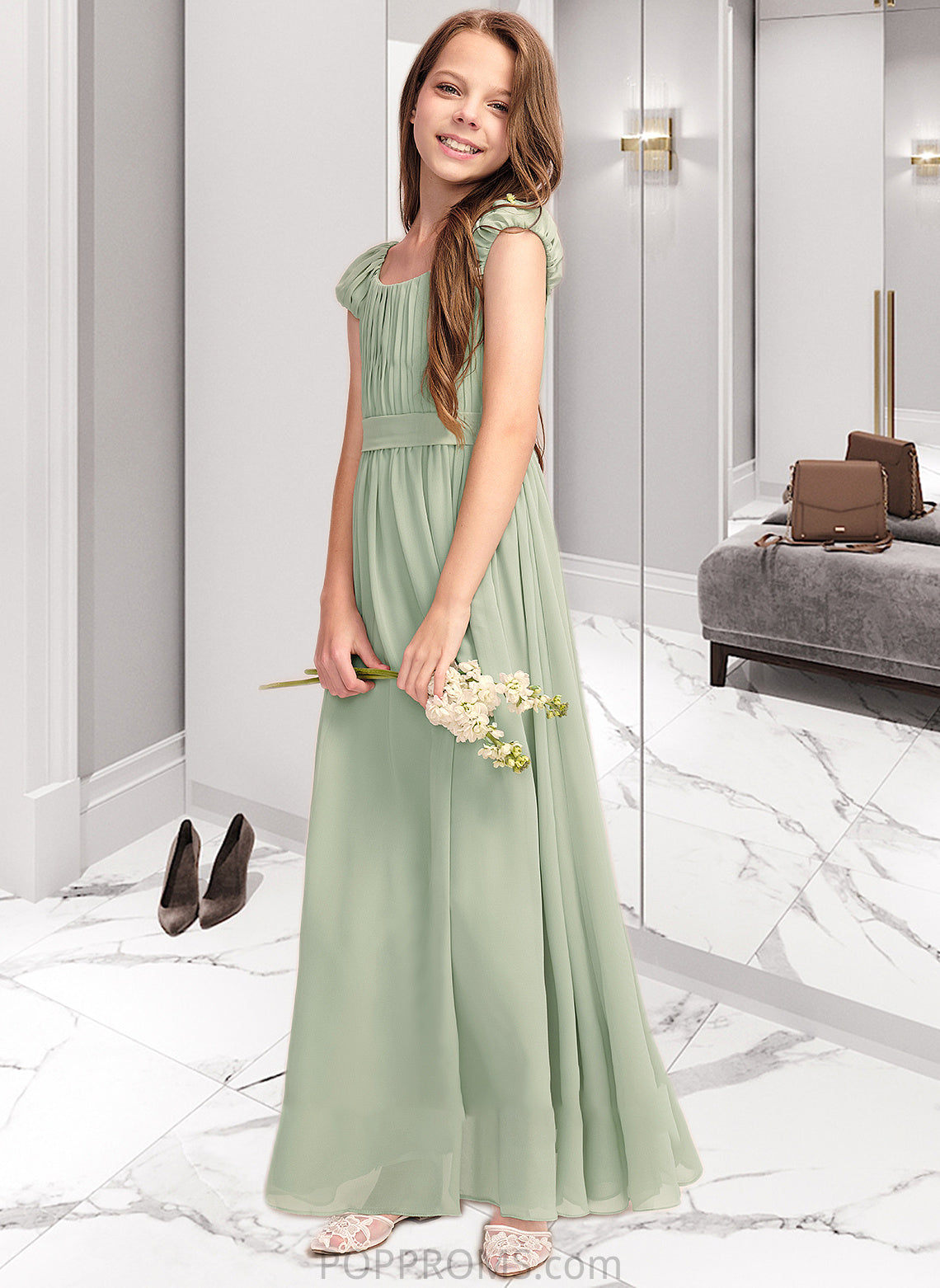 Frida A-Line Scoop Neck Floor-Length Chiffon Junior Bridesmaid Dress With Ruffle Bow(s) PP6P0013474