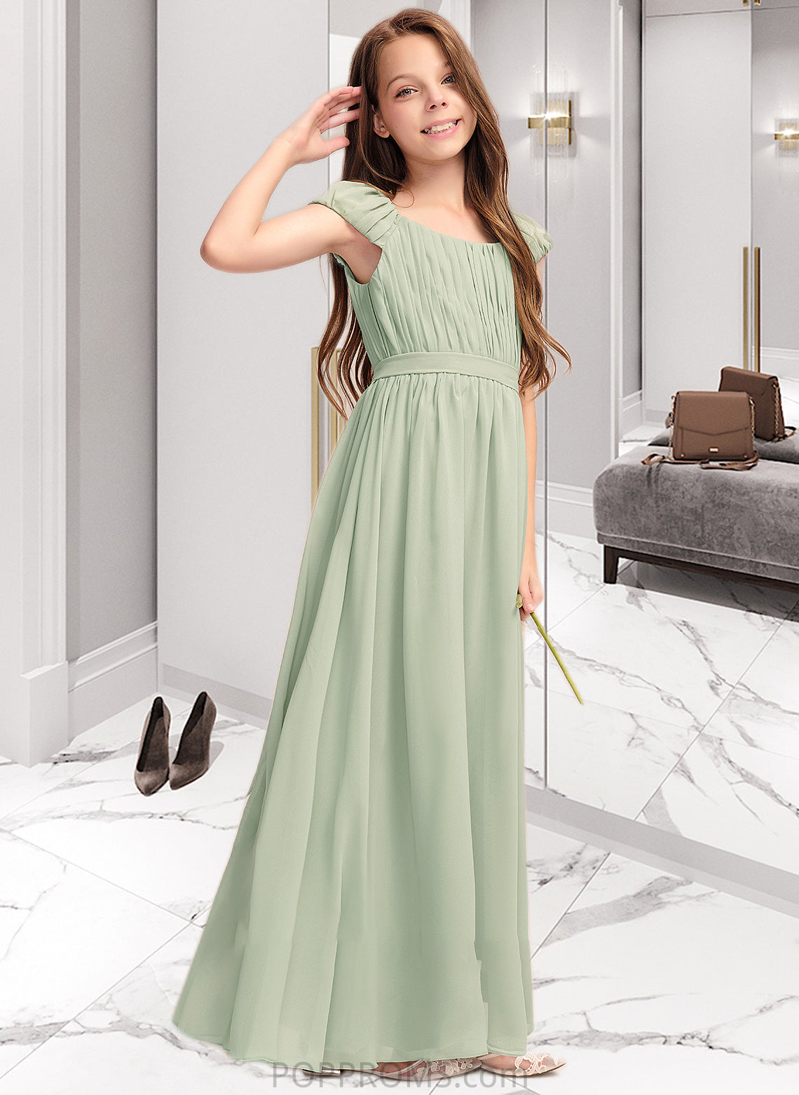 Frida A-Line Scoop Neck Floor-Length Chiffon Junior Bridesmaid Dress With Ruffle Bow(s) PP6P0013474