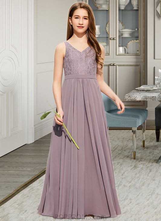 Jordin A-Line V-neck Floor-Length Chiffon Lace Junior Bridesmaid Dress PP6P0013476