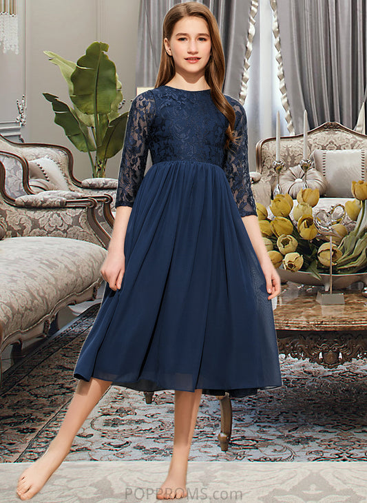 Addison A-Line Scoop Neck Tea-Length Chiffon Lace Junior Bridesmaid Dress PP6P0013477