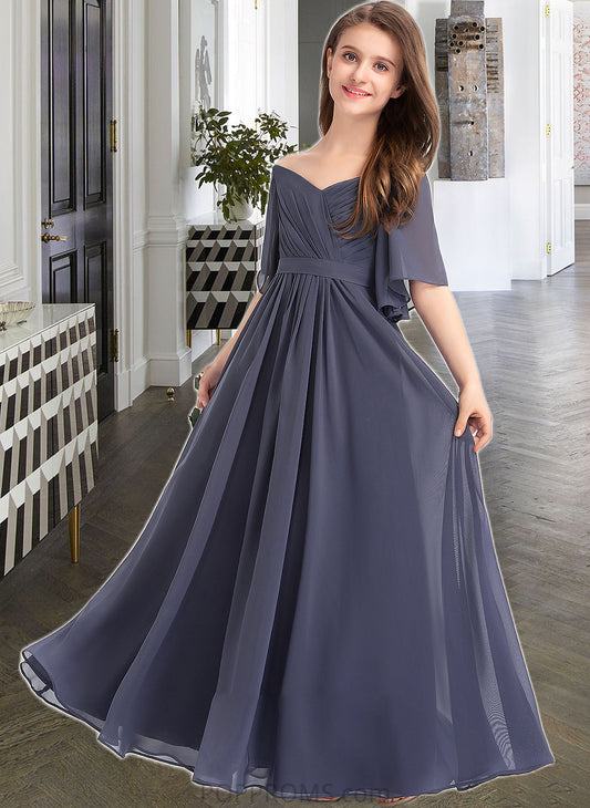 Aleena A-Line Off-the-Shoulder Floor-Length Chiffon Junior Bridesmaid Dress With Ruffle Bow(s) PP6P0013479