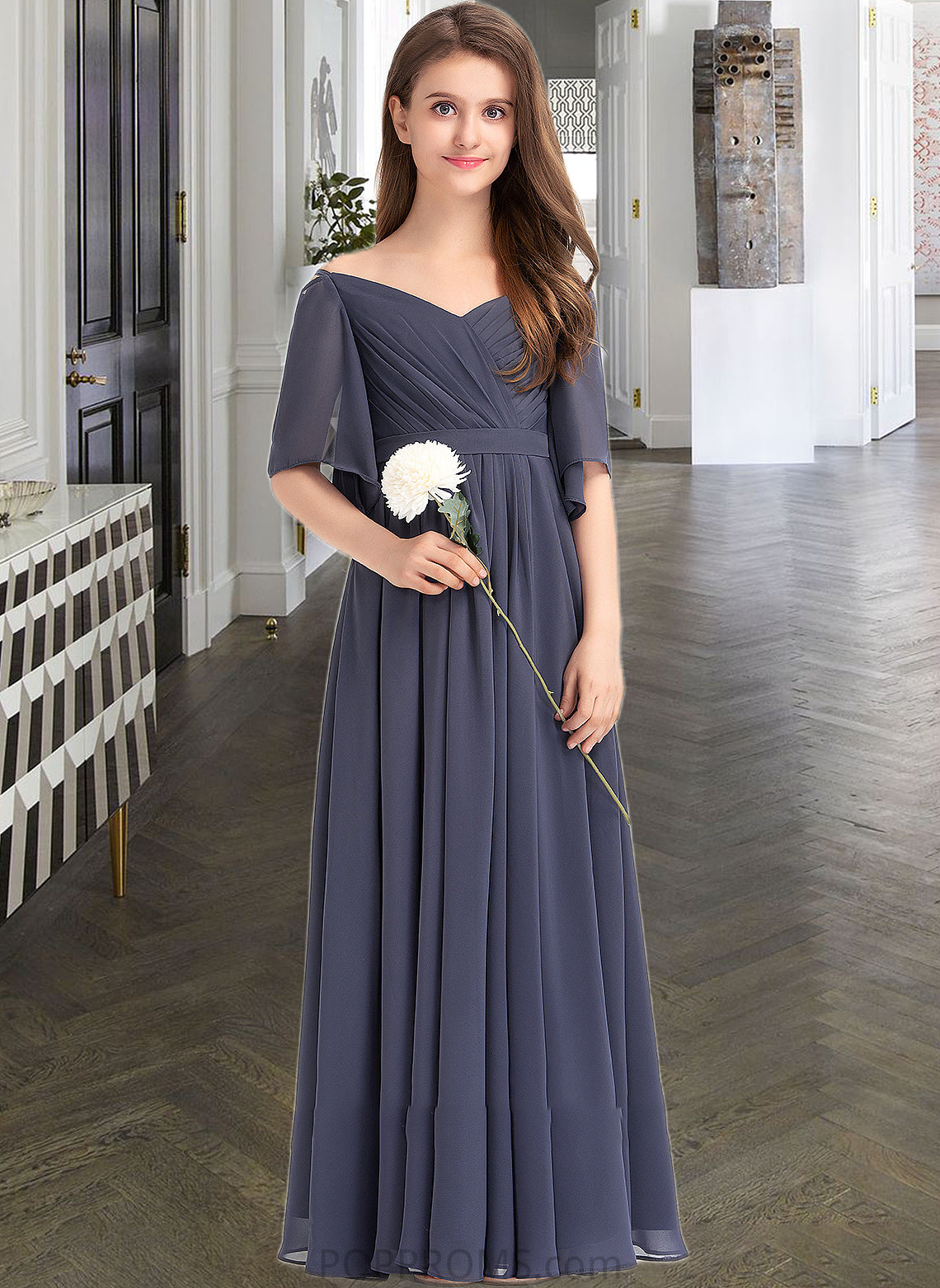 Aleena A-Line Off-the-Shoulder Floor-Length Chiffon Junior Bridesmaid Dress With Ruffle Bow(s) PP6P0013479