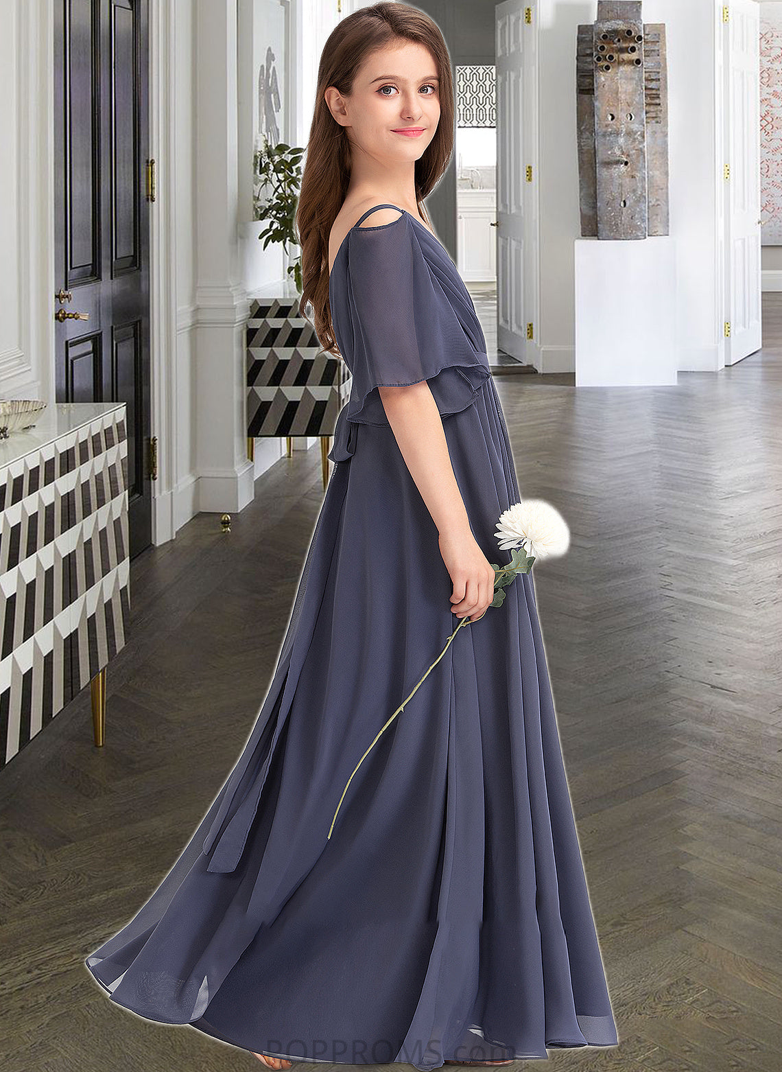 Aleena A-Line Off-the-Shoulder Floor-Length Chiffon Junior Bridesmaid Dress With Ruffle Bow(s) PP6P0013479