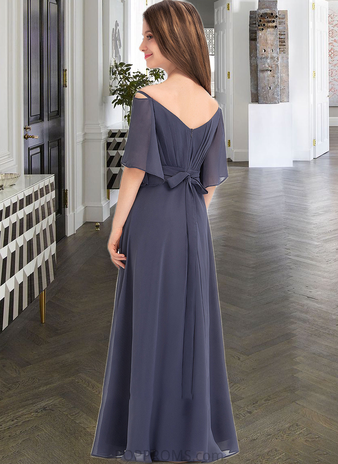 Aleena A-Line Off-the-Shoulder Floor-Length Chiffon Junior Bridesmaid Dress With Ruffle Bow(s) PP6P0013479