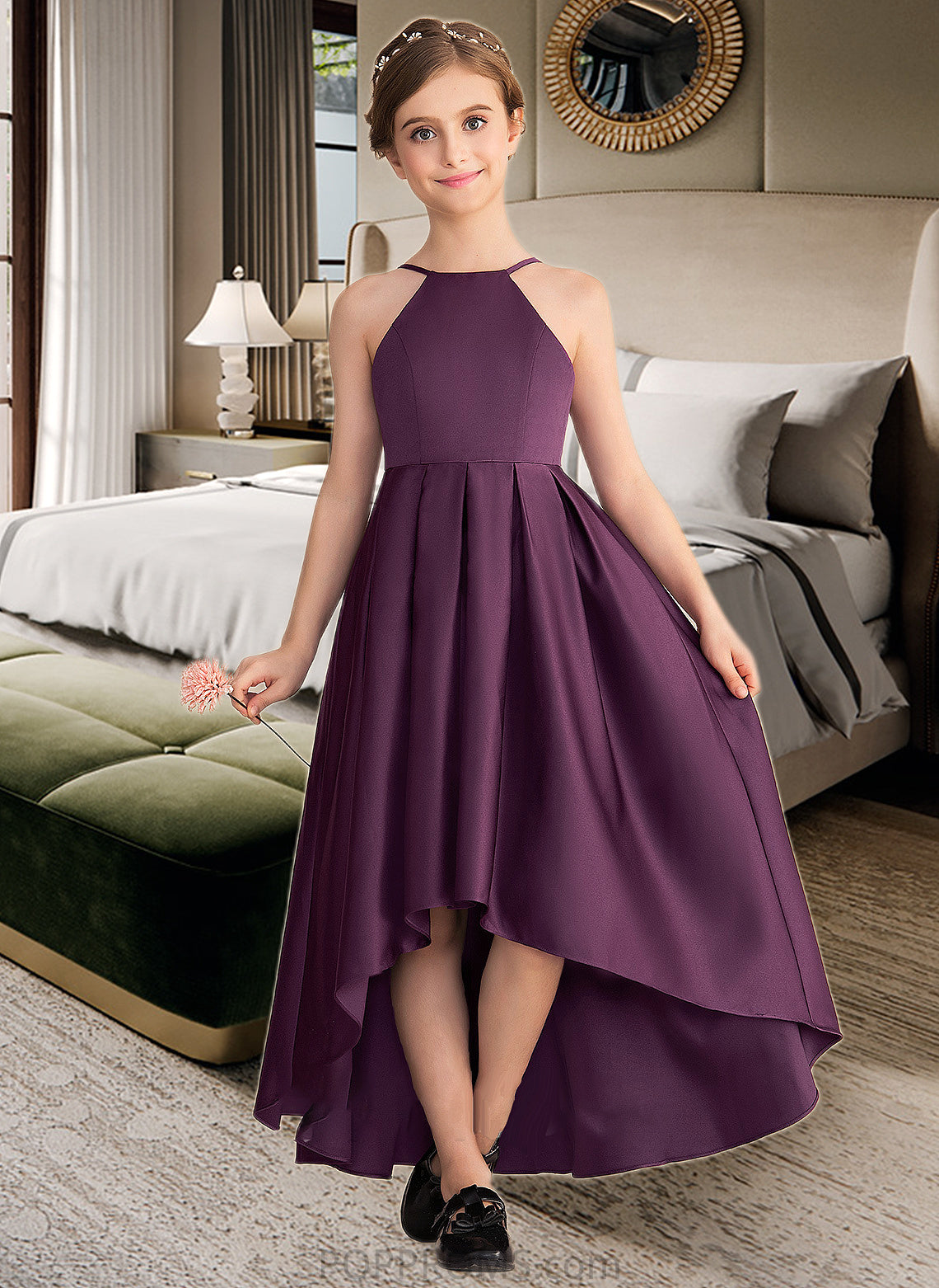 Sheila A-Line Scoop Neck Asymmetrical Satin Junior Bridesmaid Dress With Ruffle PP6P0013481