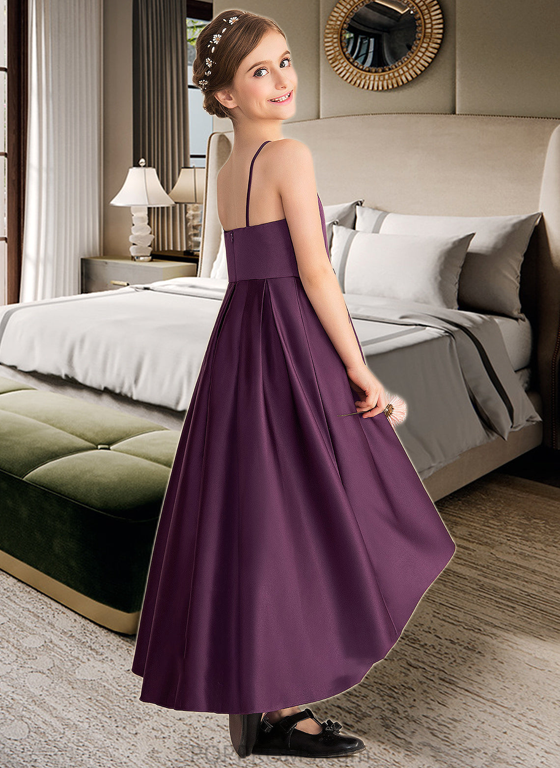 Sheila A-Line Scoop Neck Asymmetrical Satin Junior Bridesmaid Dress With Ruffle PP6P0013481