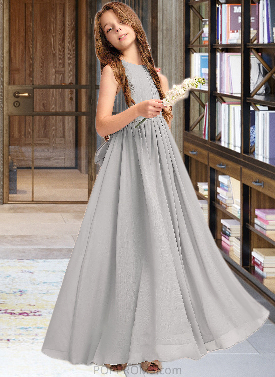 Magdalena A-Line Scoop Neck Floor-Length Chiffon Junior Bridesmaid Dress With Ruffle Bow(s) PP6P0013483