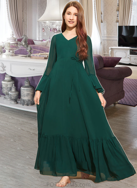 Paris A-Line V-neck Floor-Length Chiffon Junior Bridesmaid Dress With Bow(s) Cascading Ruffles PP6P0013484