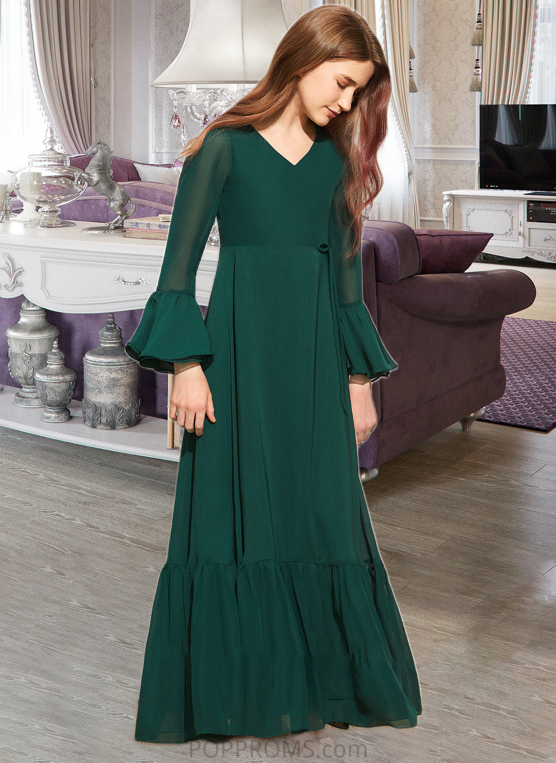 Paris A-Line V-neck Floor-Length Chiffon Junior Bridesmaid Dress With Bow(s) Cascading Ruffles PP6P0013484