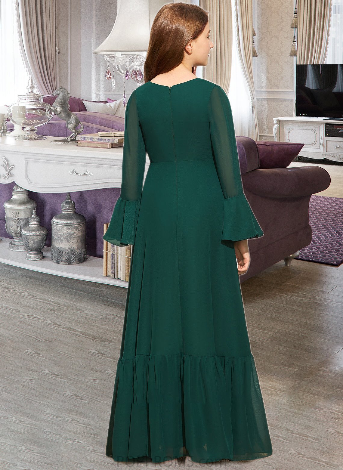 Paris A-Line V-neck Floor-Length Chiffon Junior Bridesmaid Dress With Bow(s) Cascading Ruffles PP6P0013484