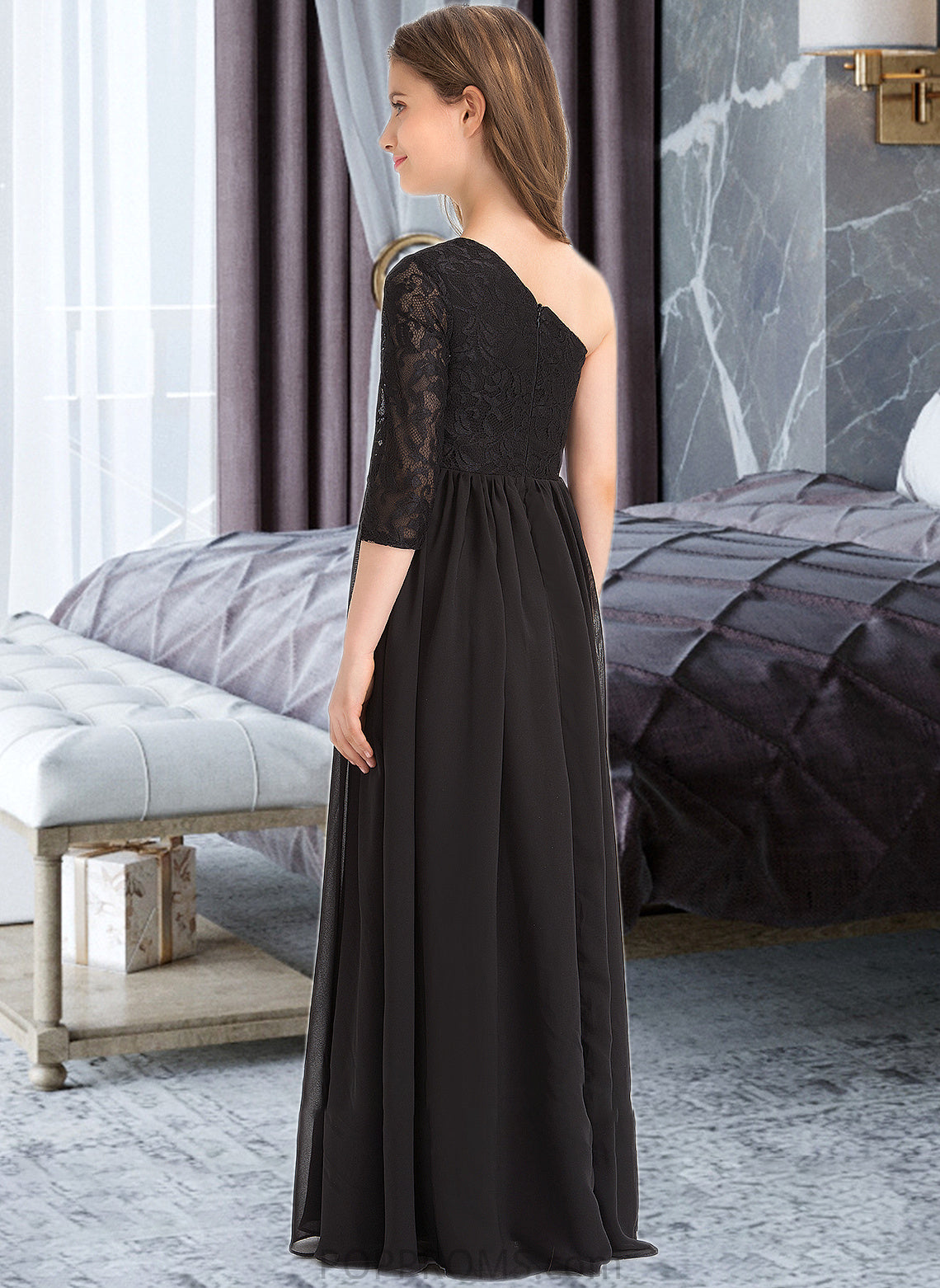 Katelynn A-Line One-Shoulder Floor-Length Chiffon Lace Junior Bridesmaid Dress PP6P0013486