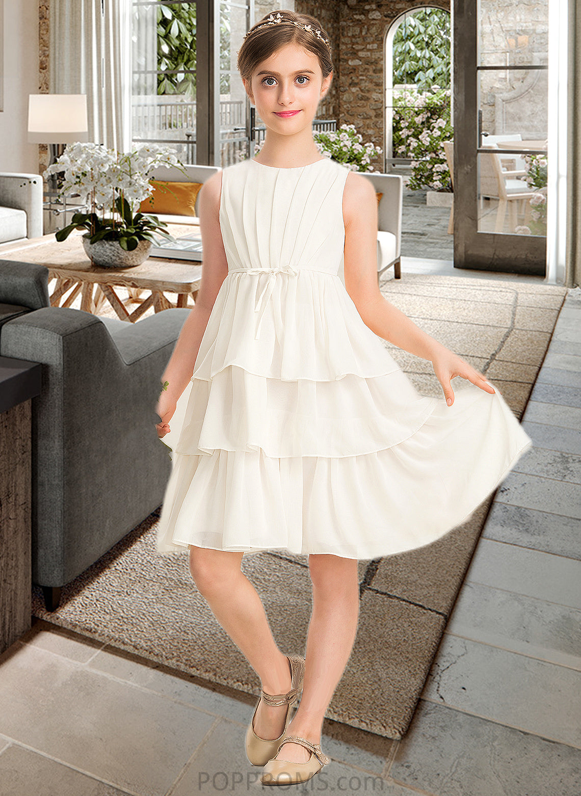 Natalia A-Line Scoop Neck Knee-Length Chiffon Junior Bridesmaid Dress With Bow(s) Cascading Ruffles PP6P0013487