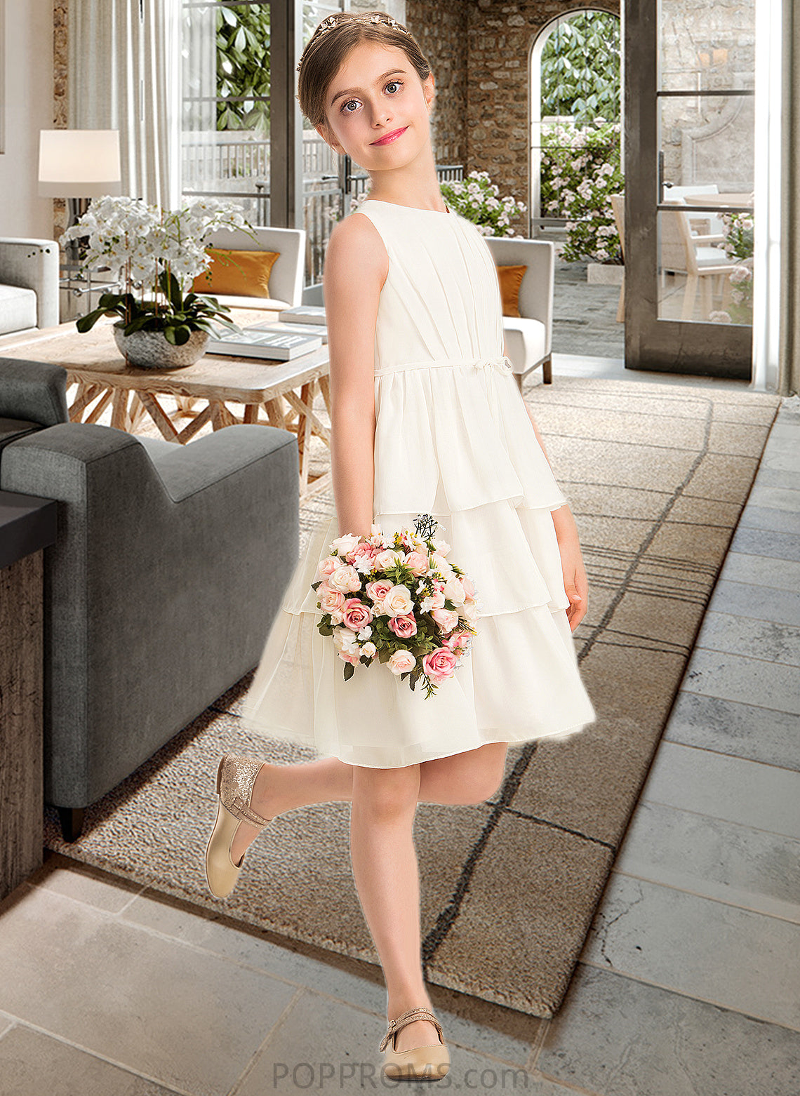 Natalia A-Line Scoop Neck Knee-Length Chiffon Junior Bridesmaid Dress With Bow(s) Cascading Ruffles PP6P0013487