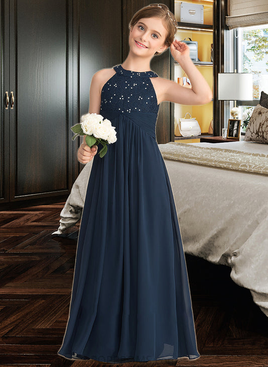 Jocelyn A-Line Scoop Neck Floor-Length Chiffon Lace Junior Bridesmaid Dress With Ruffle Beading PP6P0013488