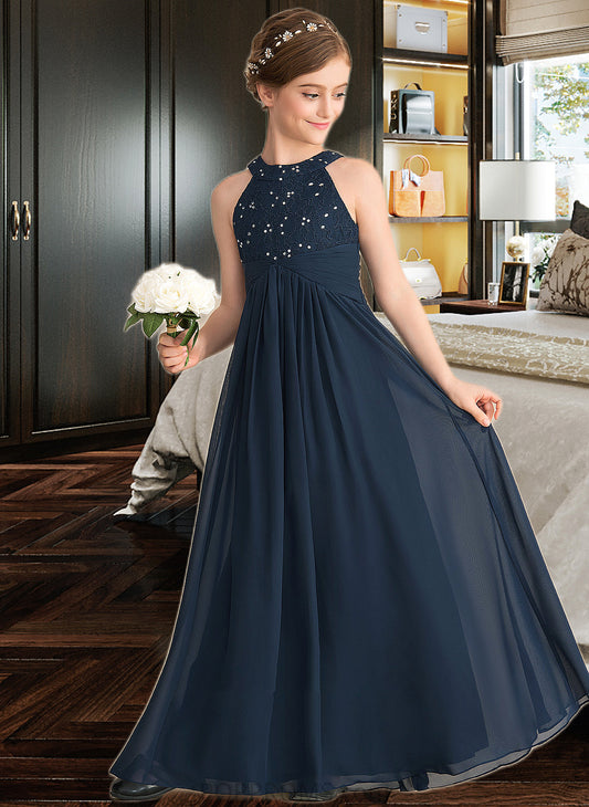 Jocelyn A-Line Scoop Neck Floor-Length Chiffon Lace Junior Bridesmaid Dress With Ruffle Beading PP6P0013488