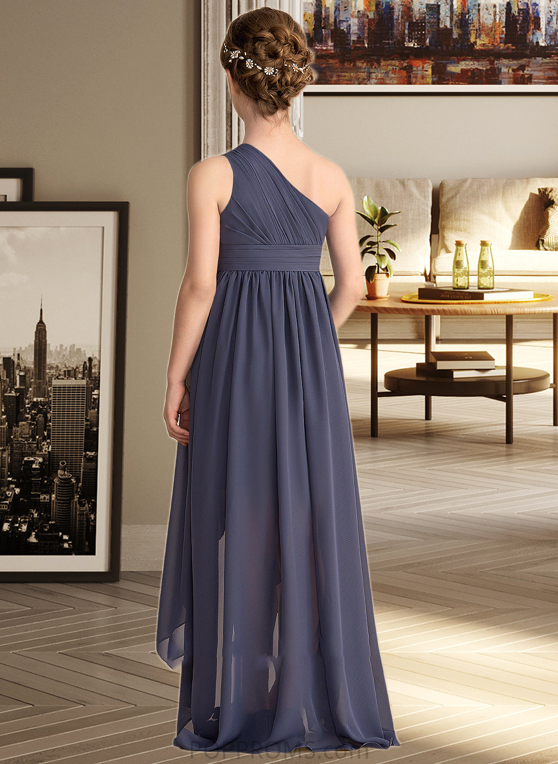 Kenna A-Line One-Shoulder Asymmetrical Chiffon Junior Bridesmaid Dress With Ruffle PP6P0013489