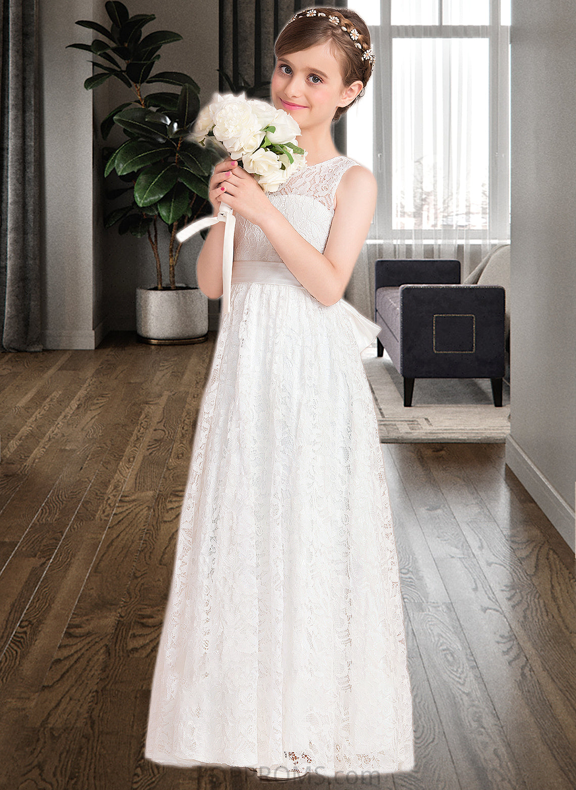 Laila A-Line Scoop Neck Floor-Length Lace Junior Bridesmaid Dress With Sash Bow(s) PP6P0013490