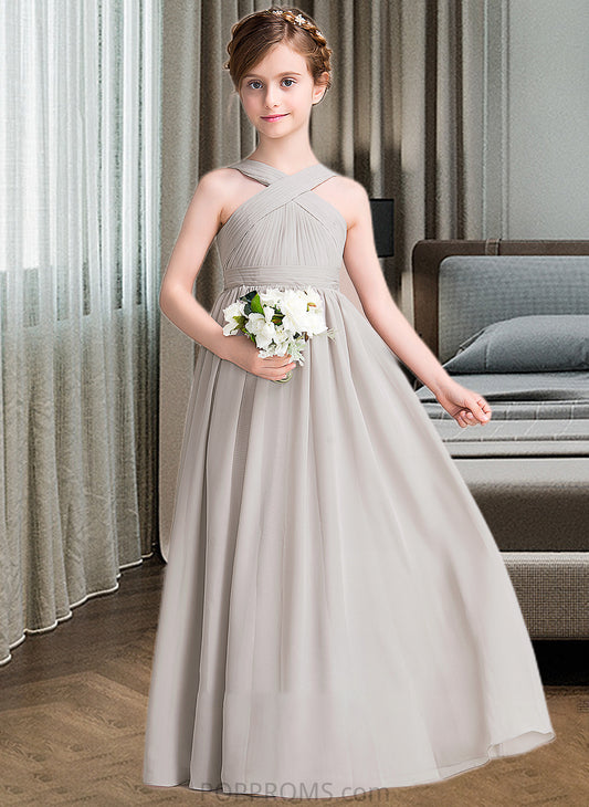 Addison A-Line V-neck Floor-Length Chiffon Junior Bridesmaid Dress With Ruffle Bow(s) PP6P0013491