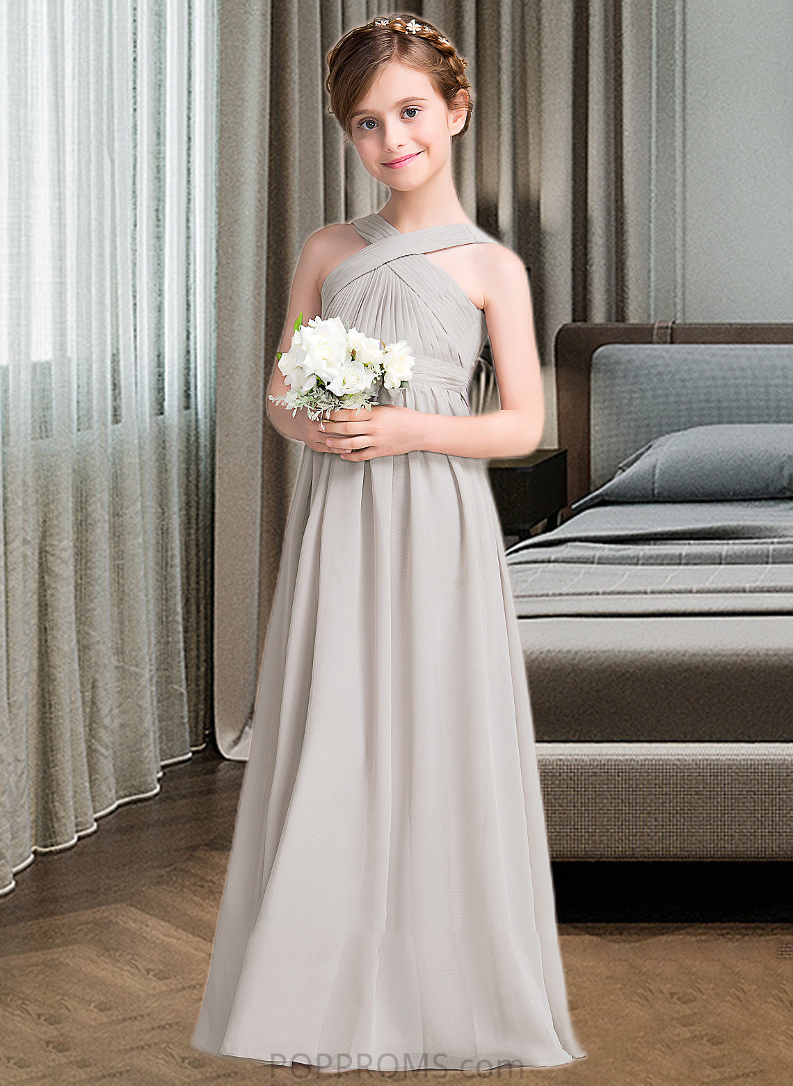 Addison A-Line V-neck Floor-Length Chiffon Junior Bridesmaid Dress With Ruffle Bow(s) PP6P0013491