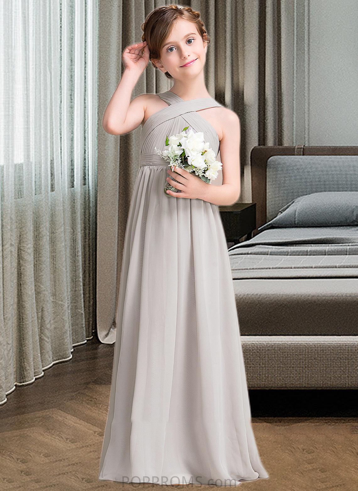 Addison A-Line V-neck Floor-Length Chiffon Junior Bridesmaid Dress With Ruffle Bow(s) PP6P0013491