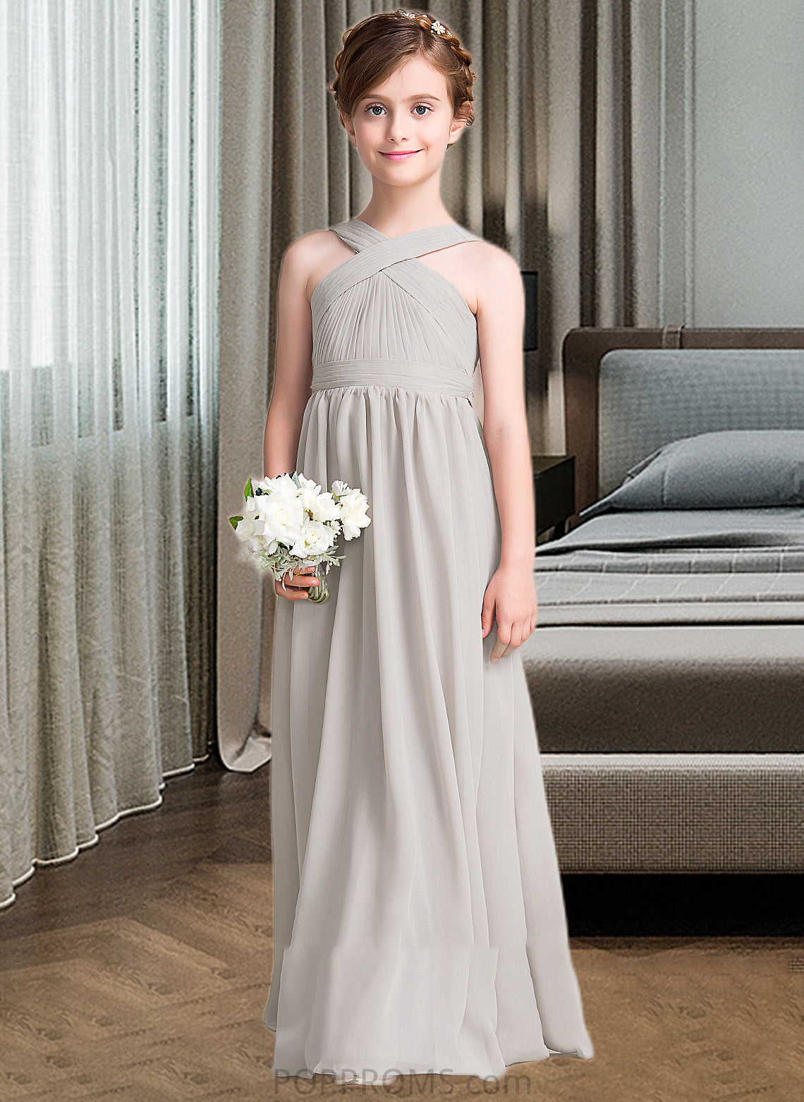 Addison A-Line V-neck Floor-Length Chiffon Junior Bridesmaid Dress With Ruffle Bow(s) PP6P0013491