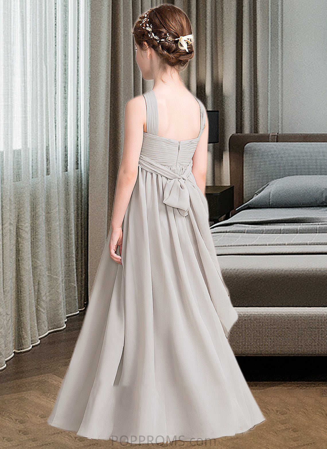 Addison A-Line V-neck Floor-Length Chiffon Junior Bridesmaid Dress With Ruffle Bow(s) PP6P0013491