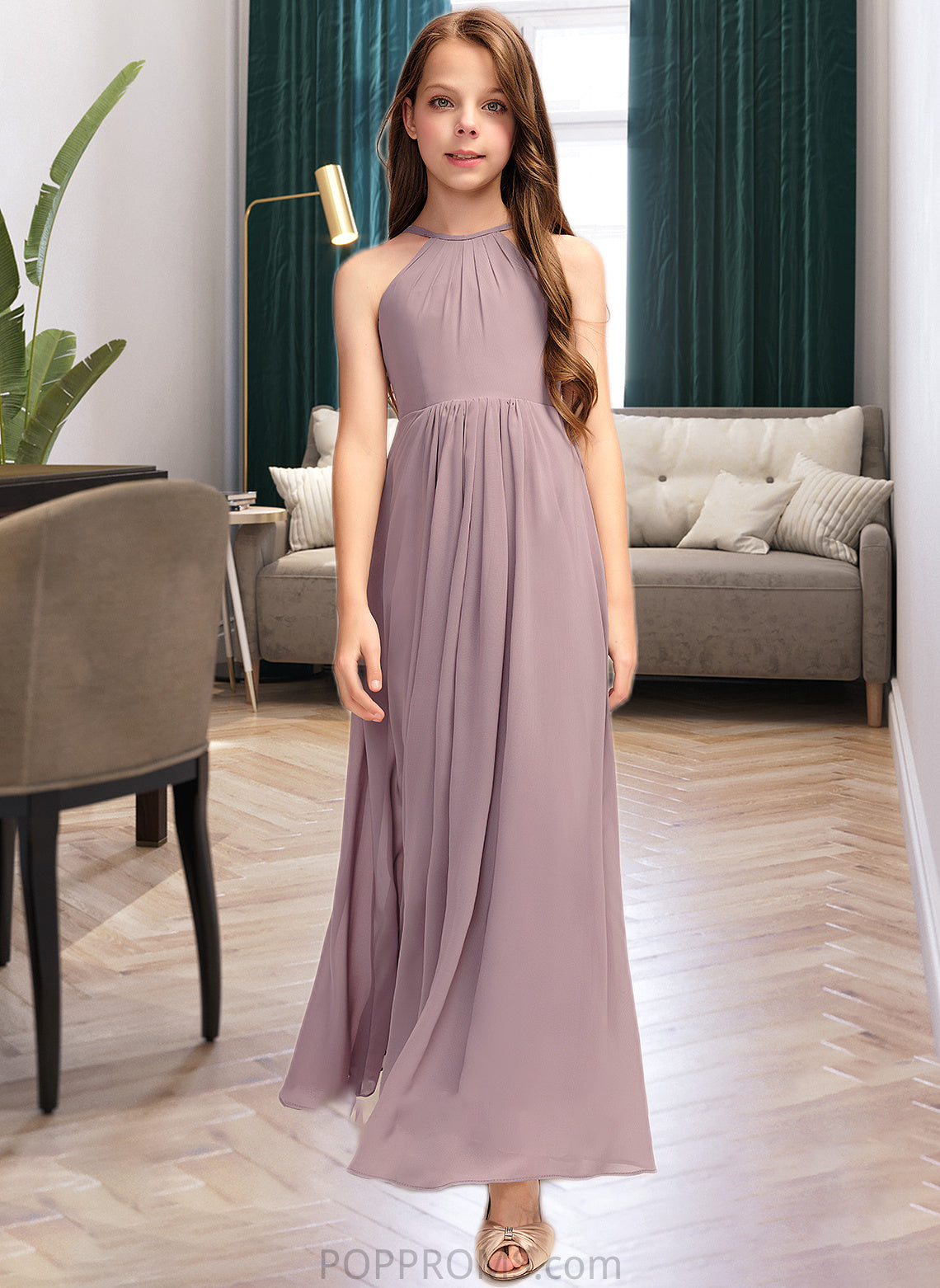 Carolyn A-Line Scoop Neck Floor-Length Chiffon Junior Bridesmaid Dress With Cascading Ruffles PP6P0013492