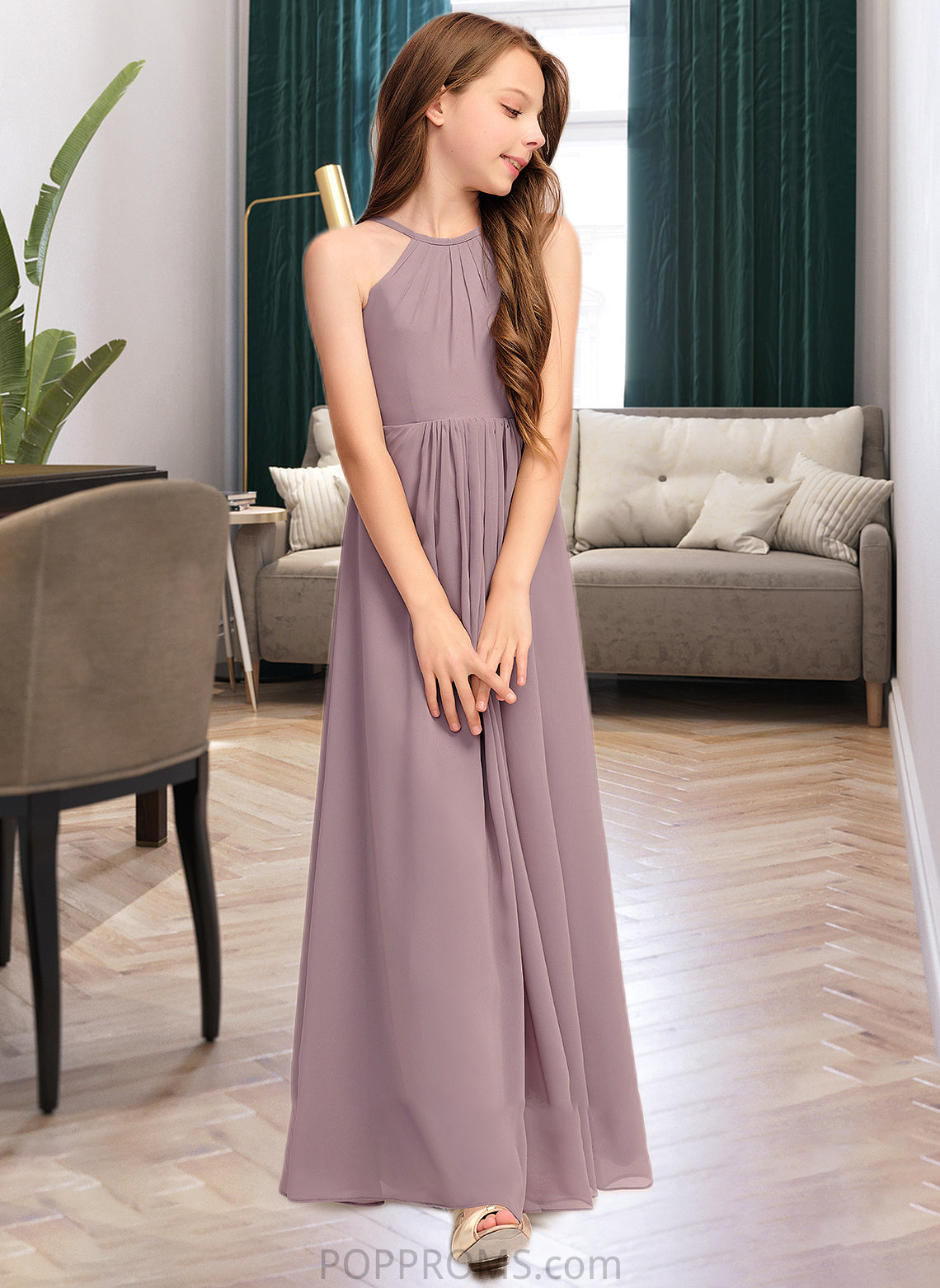 Carolyn A-Line Scoop Neck Floor-Length Chiffon Junior Bridesmaid Dress With Cascading Ruffles PP6P0013492