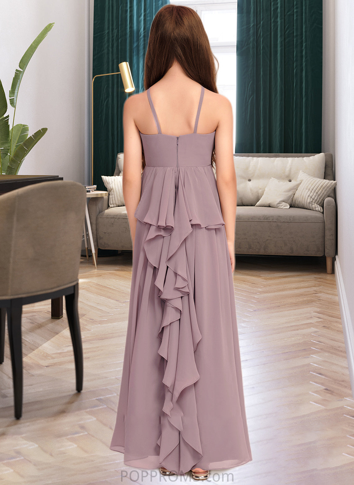 Carolyn A-Line Scoop Neck Floor-Length Chiffon Junior Bridesmaid Dress With Cascading Ruffles PP6P0013492