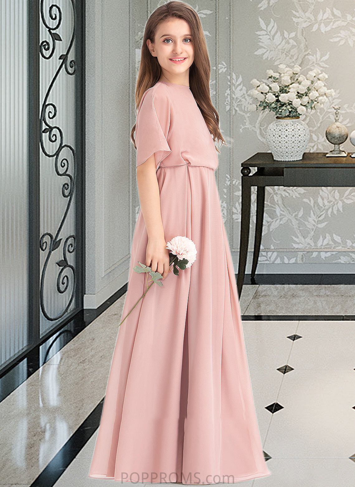 Monserrat A-Line Scoop Neck Floor-Length Chiffon Junior Bridesmaid Dress PP6P0013493