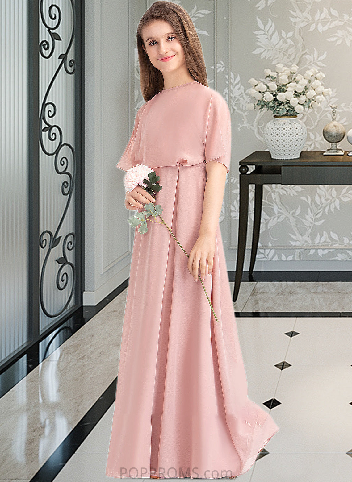 Monserrat A-Line Scoop Neck Floor-Length Chiffon Junior Bridesmaid Dress PP6P0013493