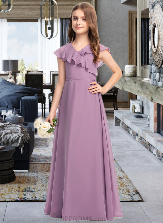 Luna A-Line V-neck Floor-Length Chiffon Junior Bridesmaid Dress With Bow(s) Cascading Ruffles PP6P0013494