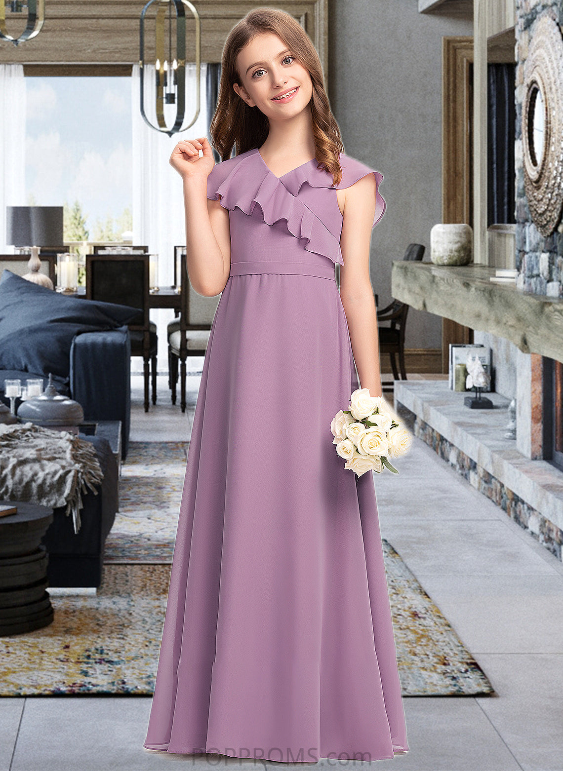 Luna A-Line V-neck Floor-Length Chiffon Junior Bridesmaid Dress With Bow(s) Cascading Ruffles PP6P0013494