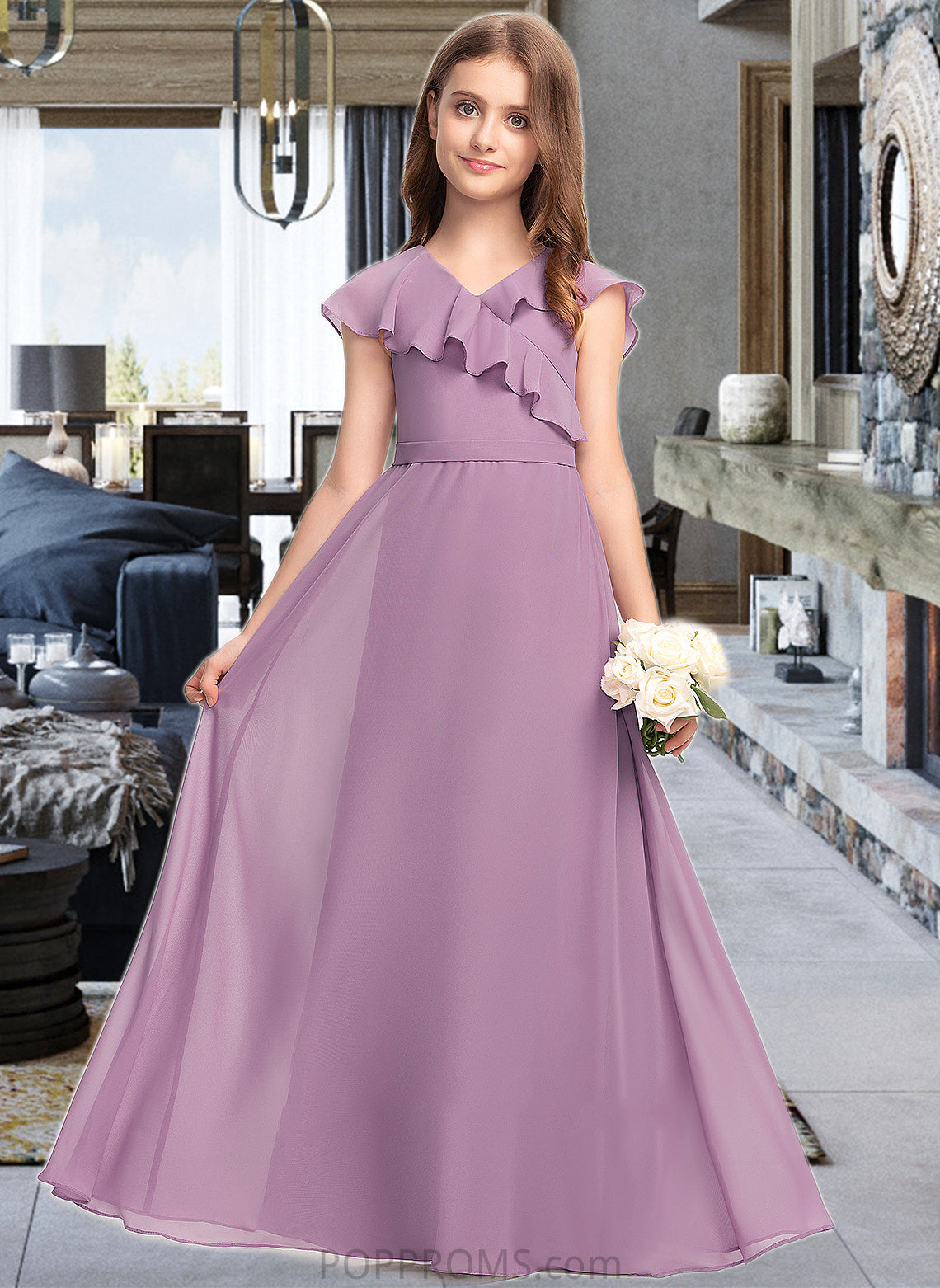 Luna A-Line V-neck Floor-Length Chiffon Junior Bridesmaid Dress With Bow(s) Cascading Ruffles PP6P0013494