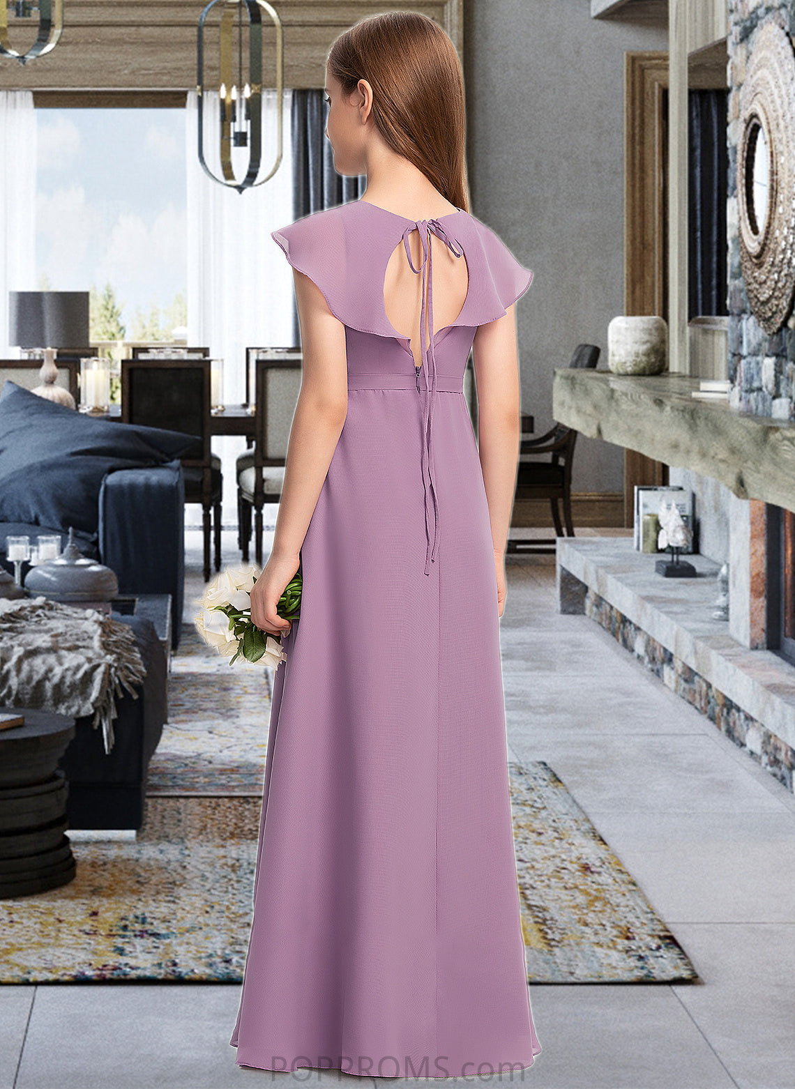 Luna A-Line V-neck Floor-Length Chiffon Junior Bridesmaid Dress With Bow(s) Cascading Ruffles PP6P0013494