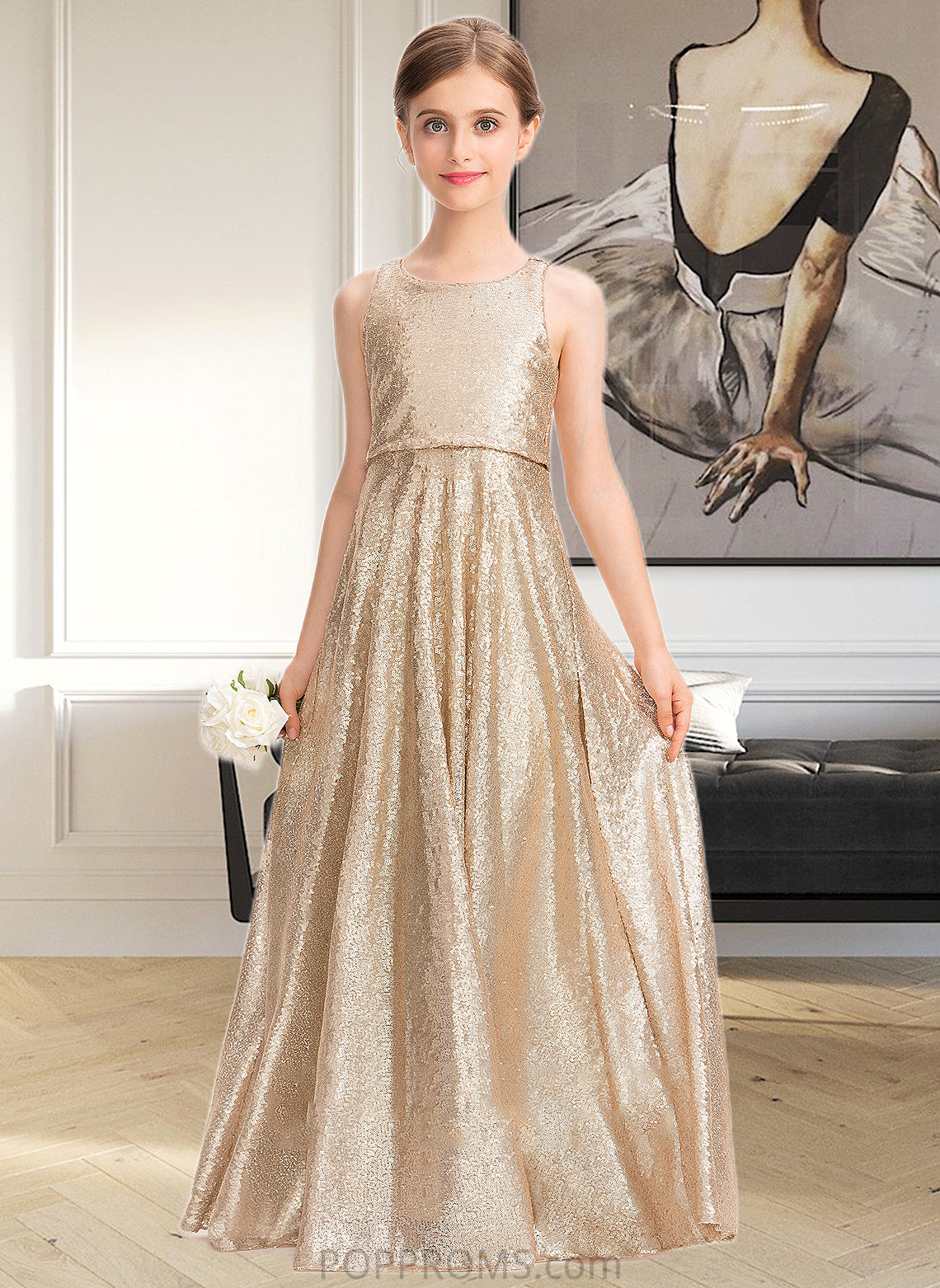 Minnie A-Line Scoop Neck Floor-Length Sequined Junior Bridesmaid Dress PP6P0013495