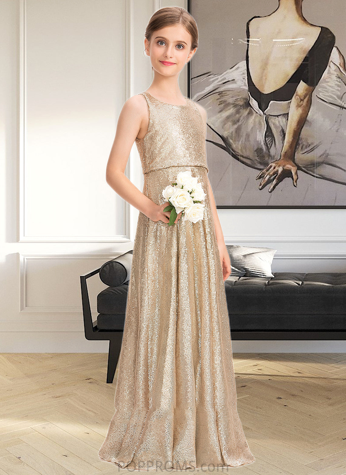 Minnie A-Line Scoop Neck Floor-Length Sequined Junior Bridesmaid Dress PP6P0013495