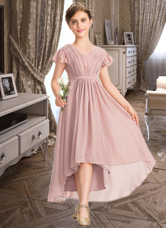 Elisabeth A-Line V-neck Asymmetrical Chiffon Junior Bridesmaid Dress With Bow(s) Cascading Ruffles PP6P0013496