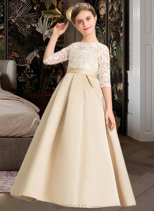 Kira Ball-Gown/Princess Scoop Neck Floor-Length Satin Lace Junior Bridesmaid Dress PP6P0013498