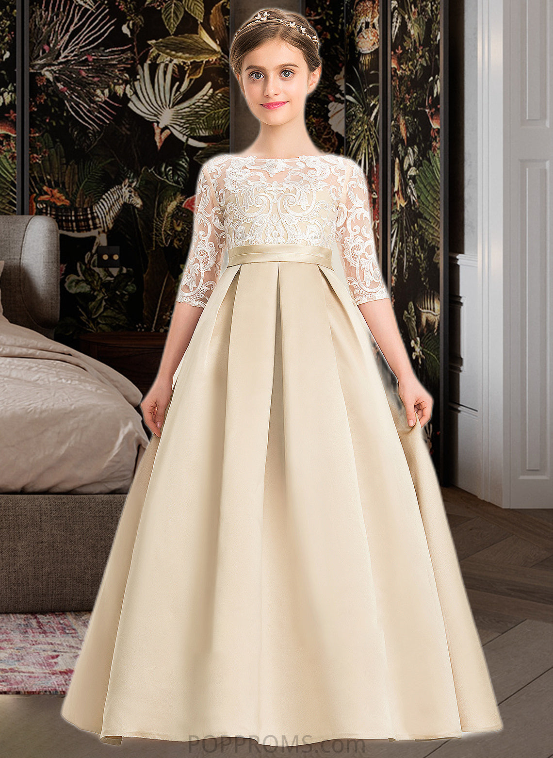 Kira Ball-Gown/Princess Scoop Neck Floor-Length Satin Lace Junior Bridesmaid Dress PP6P0013498